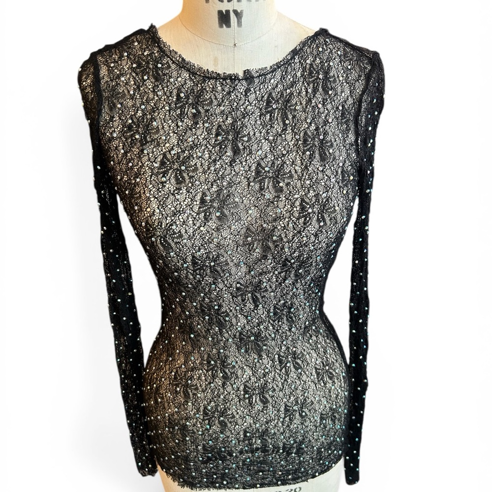 Zara Y2K Black Sheer Lace Long-Sleeve Top with Bead Details